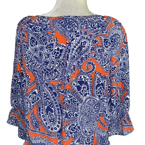 Trina Turk Silk Navy Blue & Orange Paisley Printed Cutout Ruffle Blouse - S - Picture 7 of 11